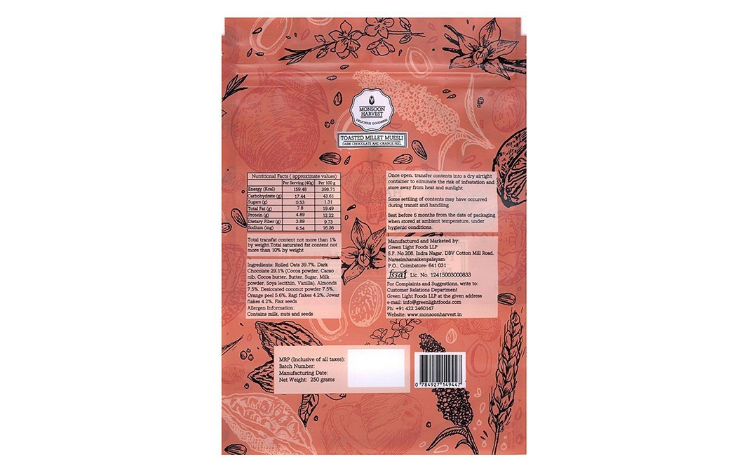 Monsoon Harvest Toasted Millet Muesli, Dark Chocolate And Orange Peel   Pack  250 grams